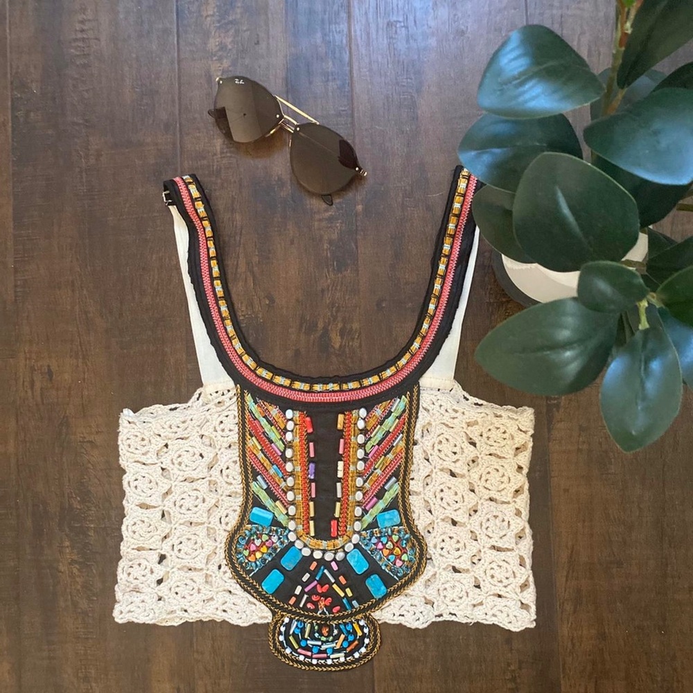 HAVOC Boho Crochet Crop Top Intricate Beaded & Embellished Festival Bodice Small